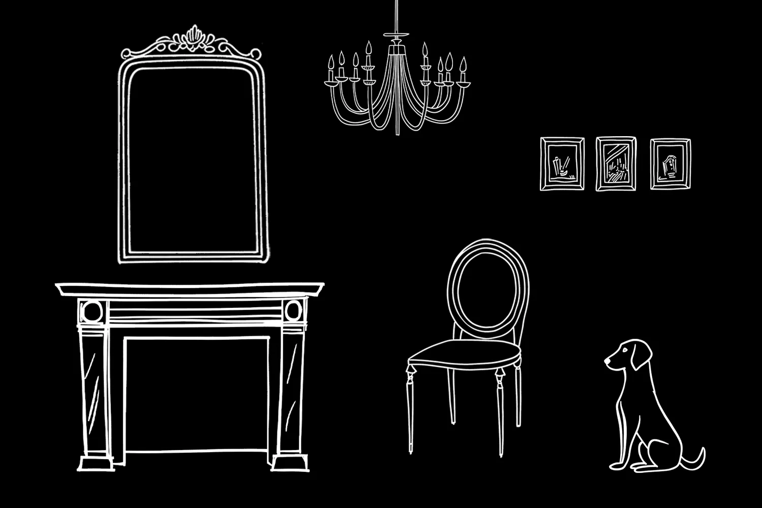 Dessin d’une cheminée avec un miroir, un lustre, une chaise Louis XV et un chien