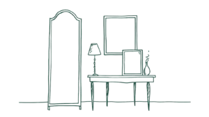 Articles vendus par les Antiquaires : Table ancienne, miroir et lampe